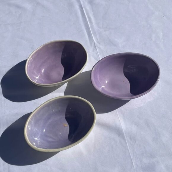 Vintage Barbara Eigen Pottery Ceramic Bowls Set of 3 Purple & Cream Handmade - Picture 1 of 3